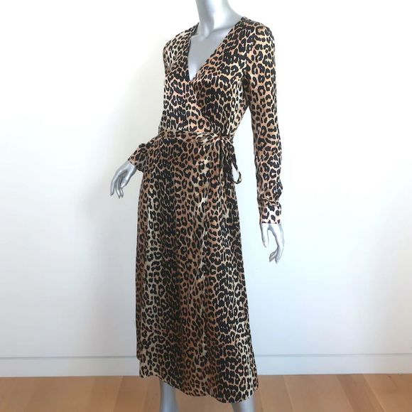 Ganni Dufort Midi Wrap Dress Leopard Print Stretch Silk Satin Size 36 - Picture 2 of 7